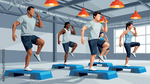 Group fitness class in modern gym with aerobics steppers