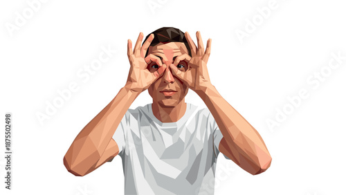 Geometric low poly portrait of person with playful hand gesture