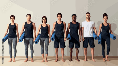 Diverse group of people ready for yoga class holding mats in geometric style