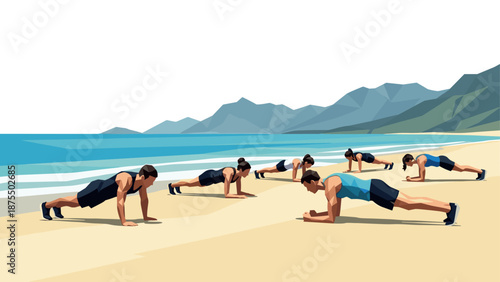 Group workout on a beach with mountain view in geometric art style