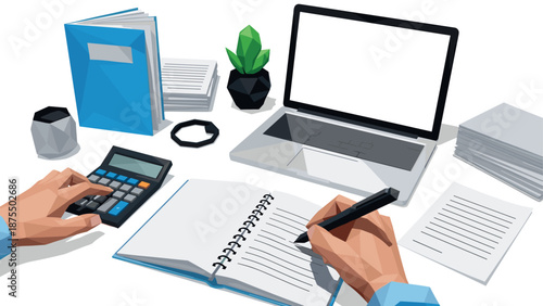 Geometric workspace with laptop, documents, and calculator in low poly design