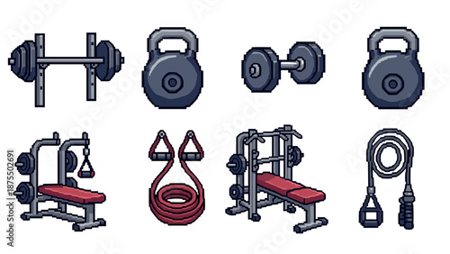 Pixel art gym equipment set: retro fitness icons featuring dumbbells, kettlebell, bench, and rope skipping tools