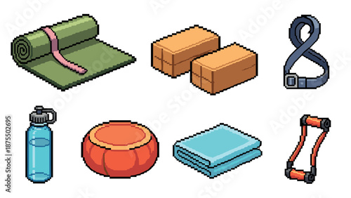 Pixel art yoga accessories set: mat, blocks, strap, water bottle, towel, wheel