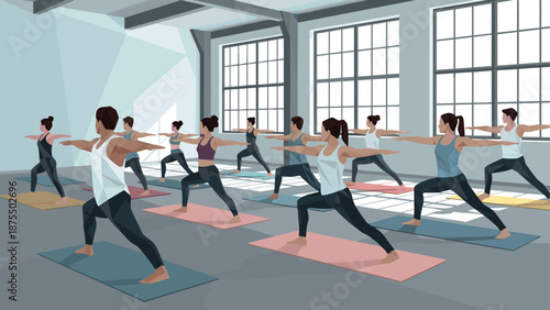 Diverse group practicing yoga in modern studio with natural light and geometric design