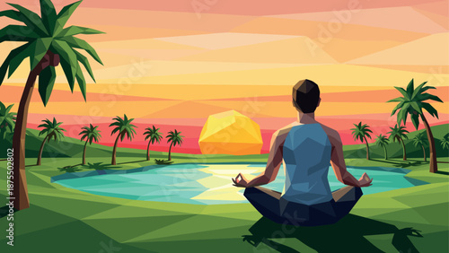 Geometric meditation at sunset by lake with palm trees and colorful low poly design