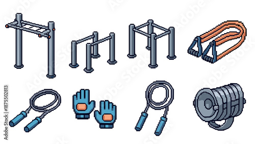 Outdoor fitness equipment set in retro pixel art style