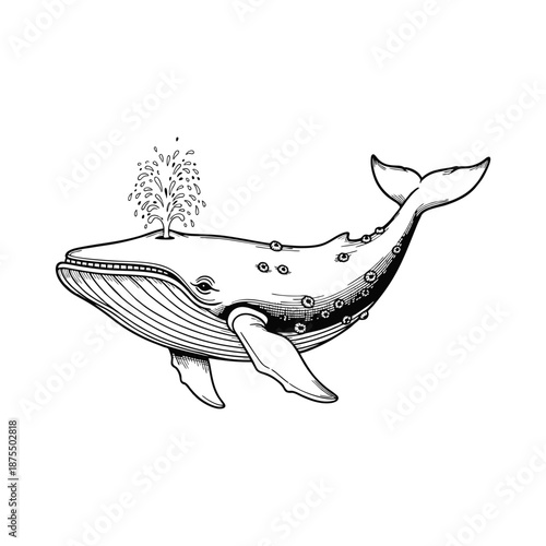 Hand-drawn engraved whale illustration, fine line etching texture, mono color black, vector format, classic engraving look