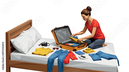 Polygonal art of woman packing for travel on bed with camera and clothing