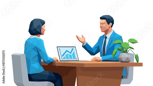 Geometric business meeting with professionals discussing growth charts