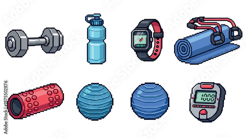 Pixel art fitness equipment set: dumbbell, stopwatch, foam roller, smartwatch, yoga mat