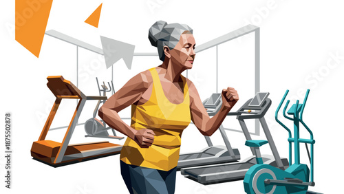 Geometric style elderly woman exercising in gym setting