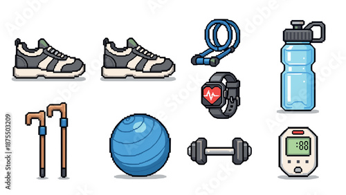 Pixel style fitness equipment set: sneakers, jump rope, water bottle, more