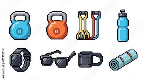 Pixel art gym essentials: fitness gear including kettlebell, jump rope, and more