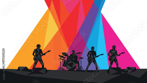 Colorful low poly rock band with vibrant geometric stage lights