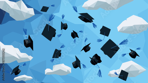 Geometric low poly sky with floating graduation caps and abstract clouds