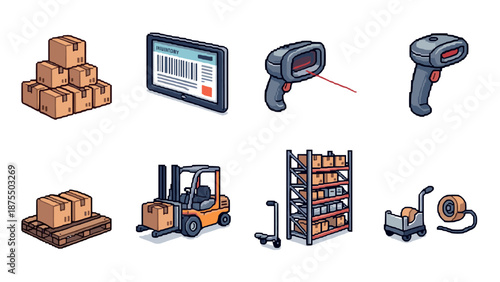 Pixel art warehouse set: forklift, barcode scanner, pallets, and more for logistics