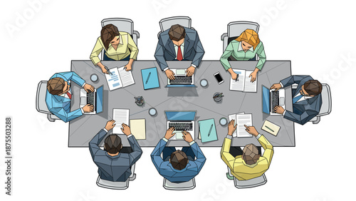 Business meeting around table with laptops and documents in modern office setting
