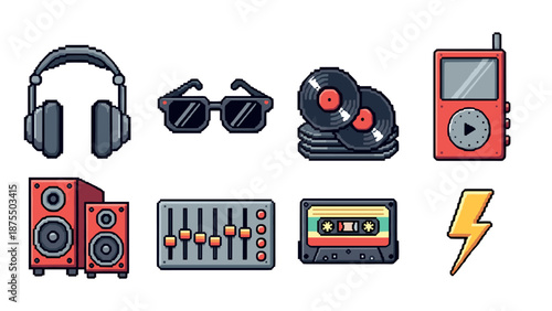 Retro pixel art music set featuring headphones, vinyl, cassette, and more