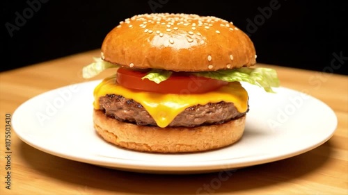 A delicious beef burger with melted cheese, fresh lettuce, and tomato on a sesame seed bun, served on a white plate