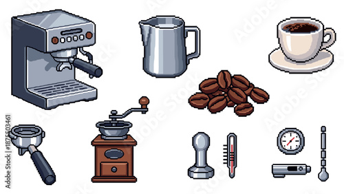 Pixel art coffee making set with espresso machine and accessories