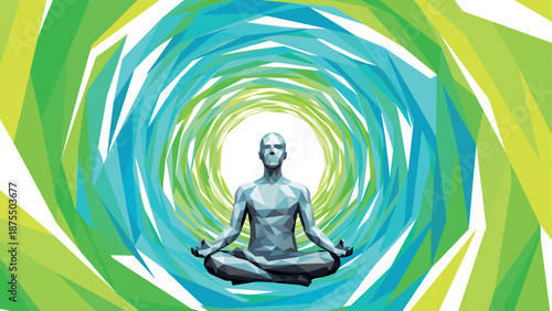 Geometric meditation: tranquil low poly figure in colorful spiral tunnel