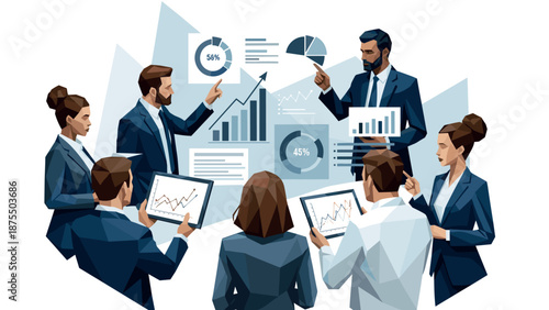 Business team analyzing growth data with bar and pie charts in modern office meeting