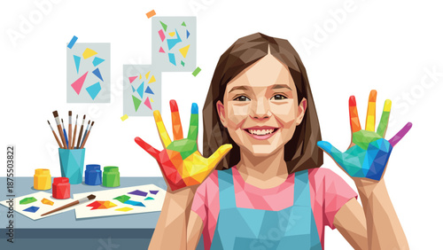 Colorful geometric art of a girl with painted hands in creative workshop