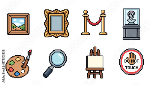 Pixel art museum icons: frames, art supplies, and gallery elements