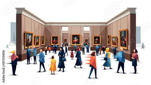 Art gallery visitors observing modern paintings in a museum hall