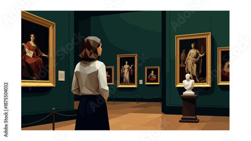 Geometric art admirer in museum gallery with classic paintings and sculptures
