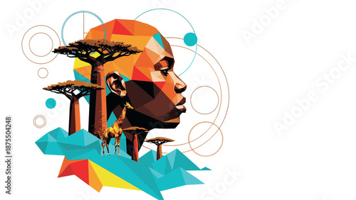 Abstract geometric african landscape with baobabs and human silhouette