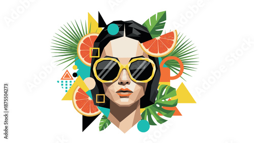 Geometric tropical art: woman with sunglasses and citrus elements