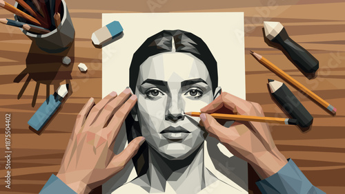 Geometric portrait creation: hands drawing a low poly face with pencils and erasers