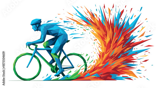 Geometric cyclist with colorful energy burst captures speed and motion