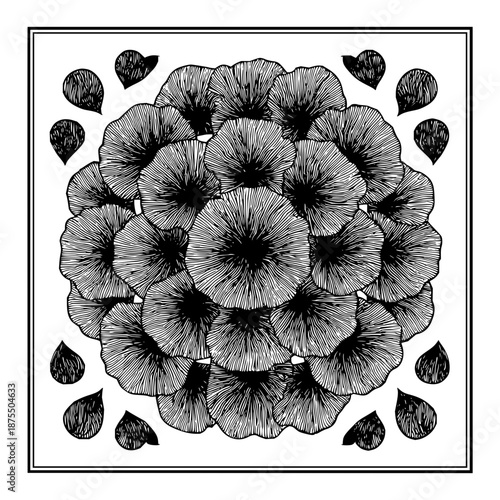 Illustration of a floral arrangement with teardrop accents in a square black and white frame design