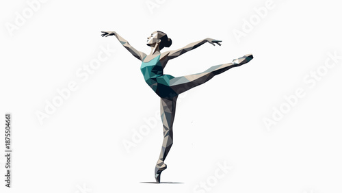 Elegant geometric ballet dancer in arabesque pose with low poly design