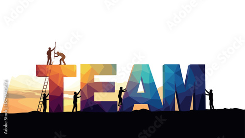 Teamwork concept with silhouettes building colorful geometric letters in unity