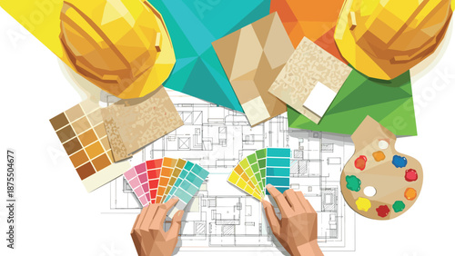 Architectural design concept with construction elements and color swatches