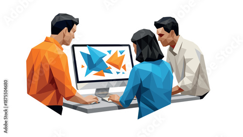 Geometric team collaboration on digital design project with modern low poly style