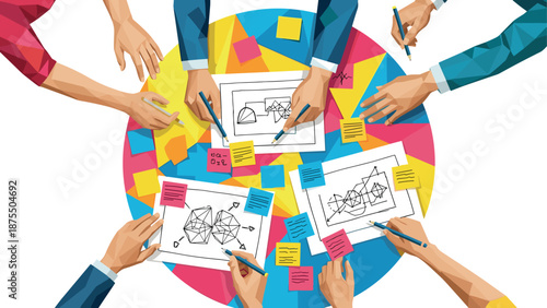 Collaborative brainstorming session with geometric art style and diverse hands