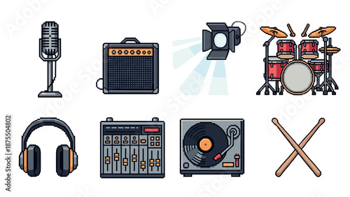 Retro music icons set: pixel art style with microphone, drums, and turntable