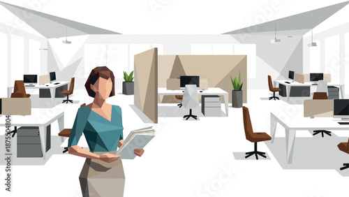 Modern geometric office design with businesswoman in open workspace