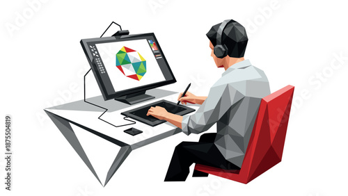 Designer using computer for geometric artwork in modern workspace