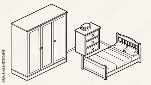 Cozy bedroom furniture set with bed, dresser, and wardrobe in a clean isometric view.
