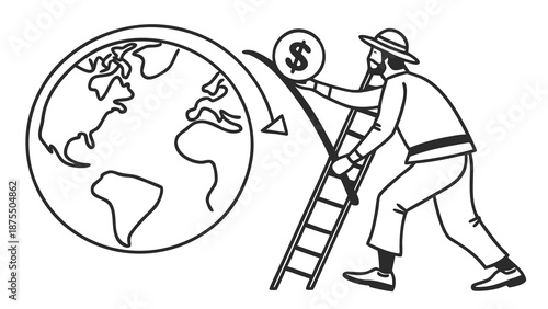 Man with ladder reaches for dollar coin over globe, symbolizing financial growth and global investment.