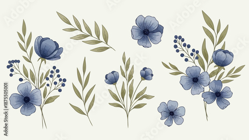 Indigo blue watercolor flower set. Monochrome floral botanical elements