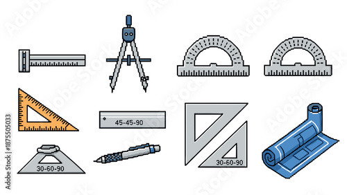 Pixel art geometric tools set with ruler, protractor, compass, and more