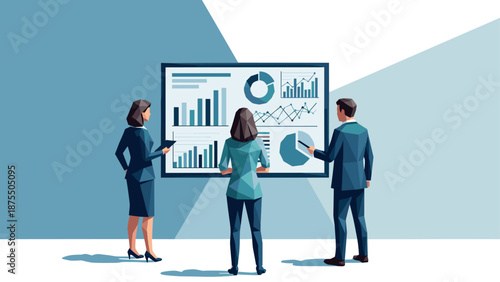 Business team analyzing data on interactive digital chart in modern office