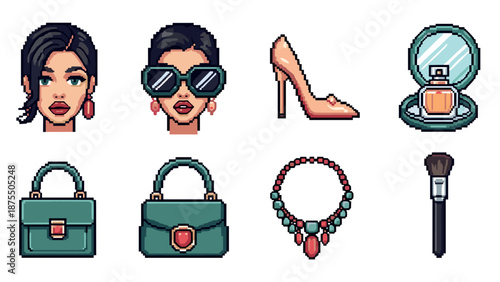Pixel art fashion essentials: accessories and beauty items with modern style