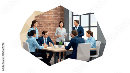 Business team collaboration in a modern office with geometric design